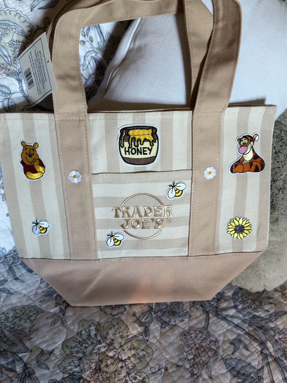 Trader Joe's Beige & Cream Striped Tote with Winnie-the-Pooh Patches - Picture 4 of 7